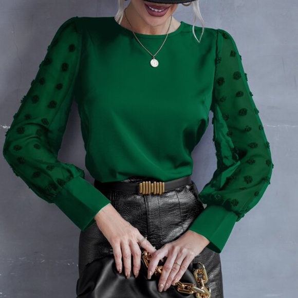 Navy blue Swiss Dot Sheer Sleeve Chic Blouse Work Minimalist - Picture 2 of 8